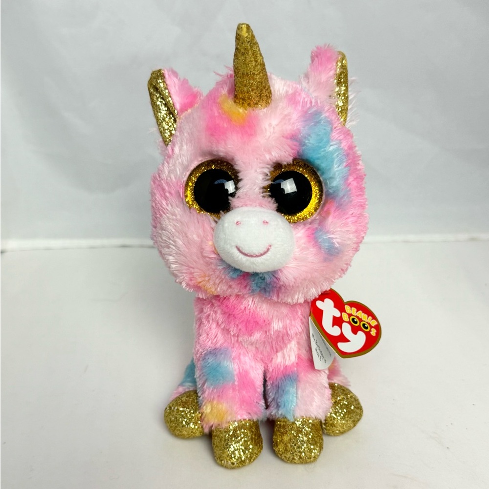 Ty Beanie Boo Pink Plush Unicorn Fluffy Fantasia Sparkly Gold Eyes Horn Feet NWT